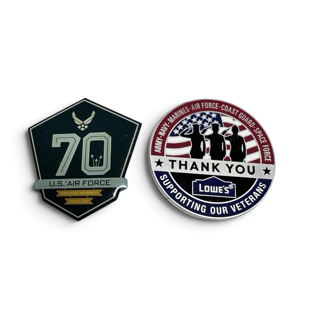 US Air Force 70th Anniversary & Lowe's Veterans Hat Lapel Pin Lot of 2